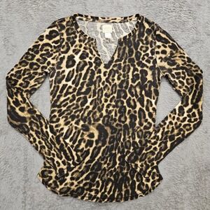 Lucky Brand Leopard Print Thermal Womens Medium Cotton Waffle Knit Split Neck
